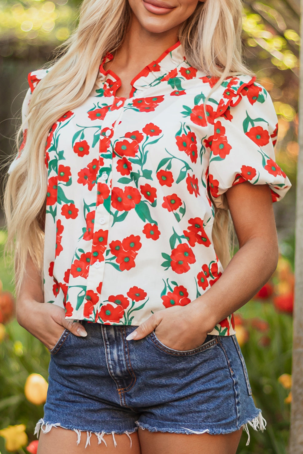 Ruffled Puff Floral-Print Puff Sleeve Refined Summer Shirt