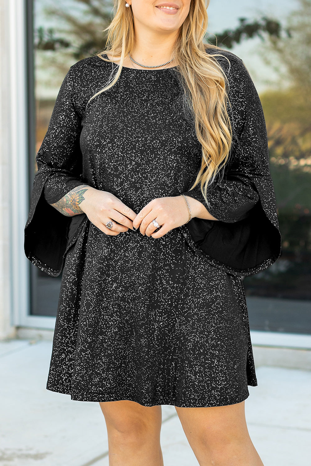 Plus Size Glitter Metallic Bell Sleeve Round Neck Mini Dress