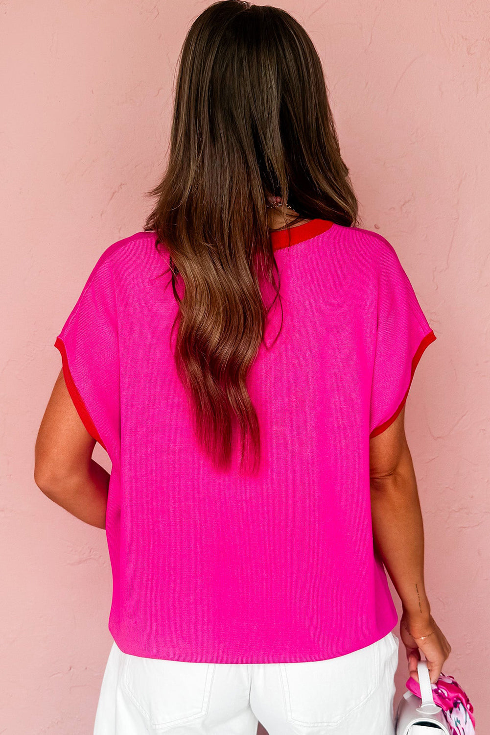 Contrast Short-Sleeved Trim Round-Neck Loose Knit Knit Top Style