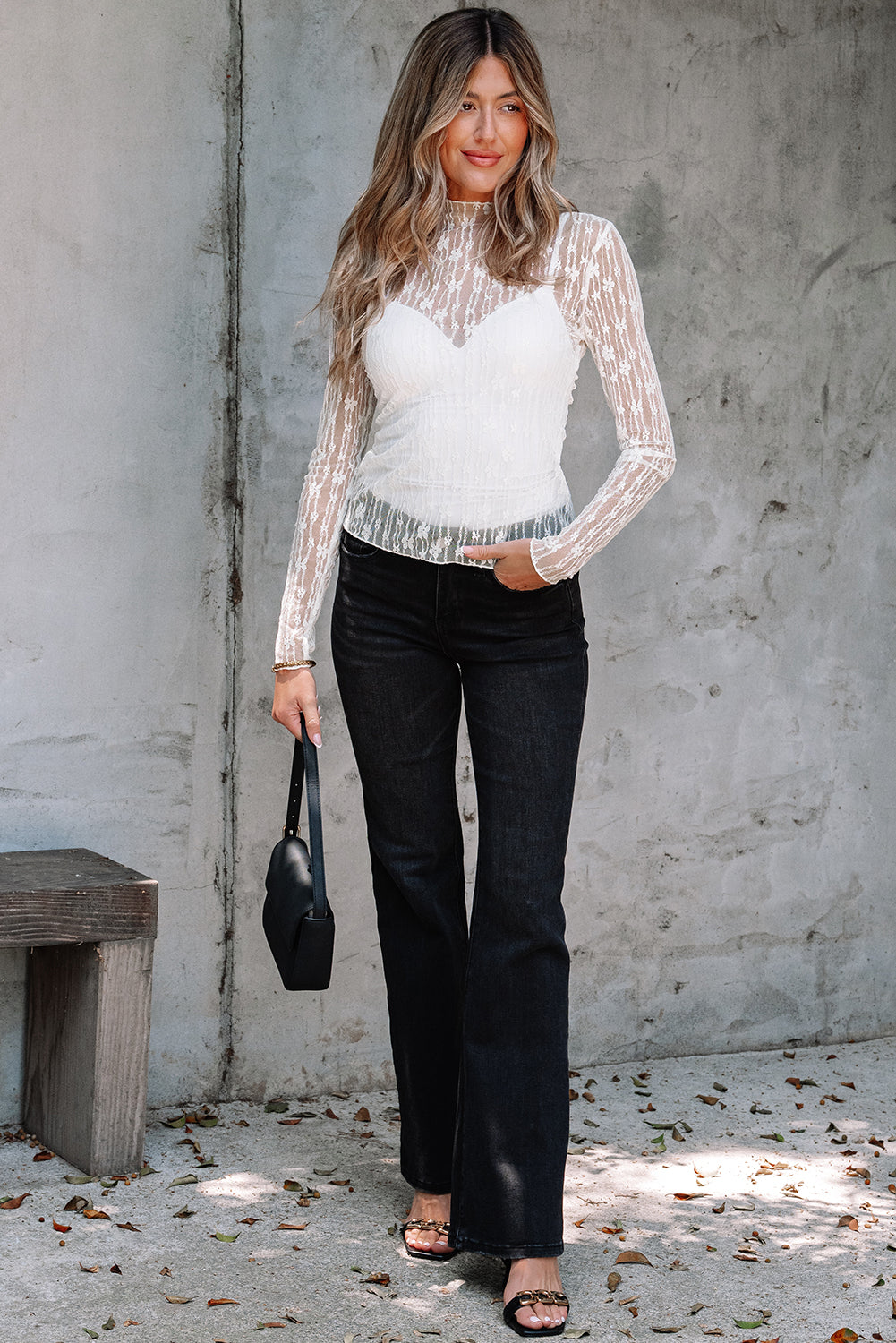 Sheer Long-Sleeved Floral Lace Slim Fit Top