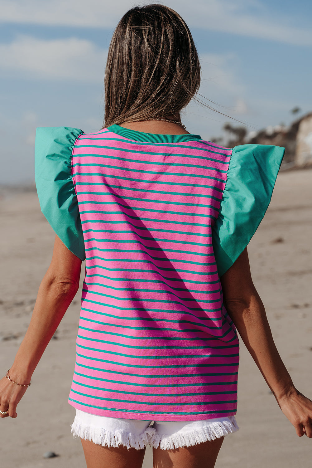 Pink Stripe Colorblock Ruffled Sleeve Blouse