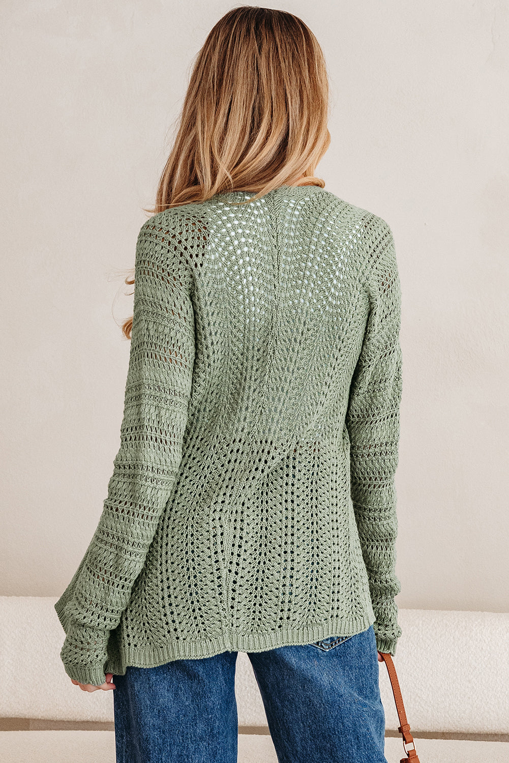 Scalloped Knit Edge Eyelet Batwing Sleeve Cardigan