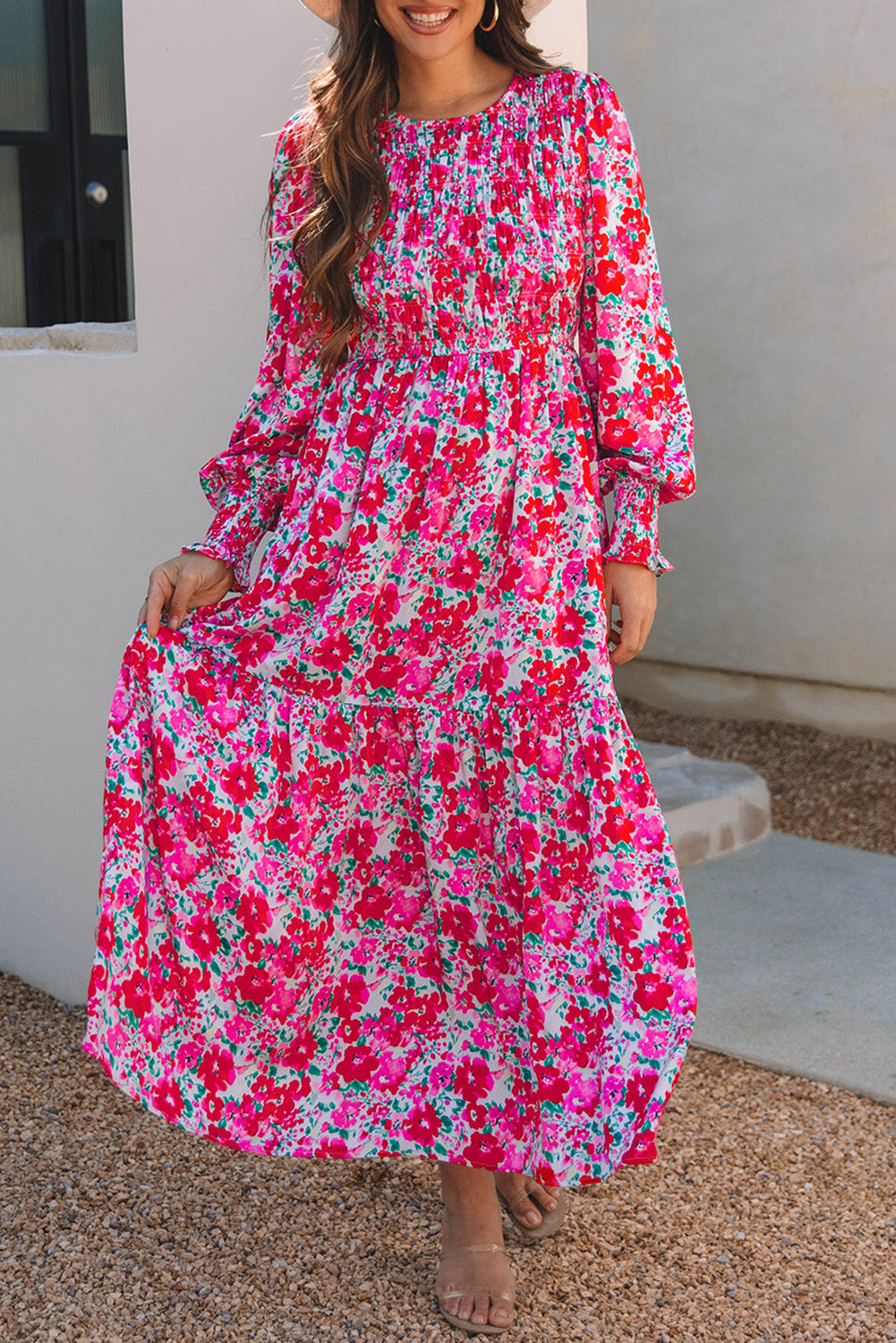 Floral Print Smocked Lantern Sleeve Tiered Maxi Dress