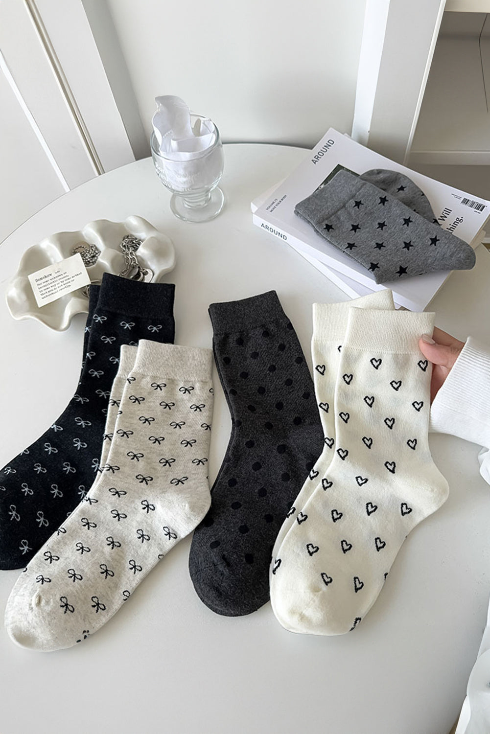 Bow Knots Rib-Knit Edge Crew Socks