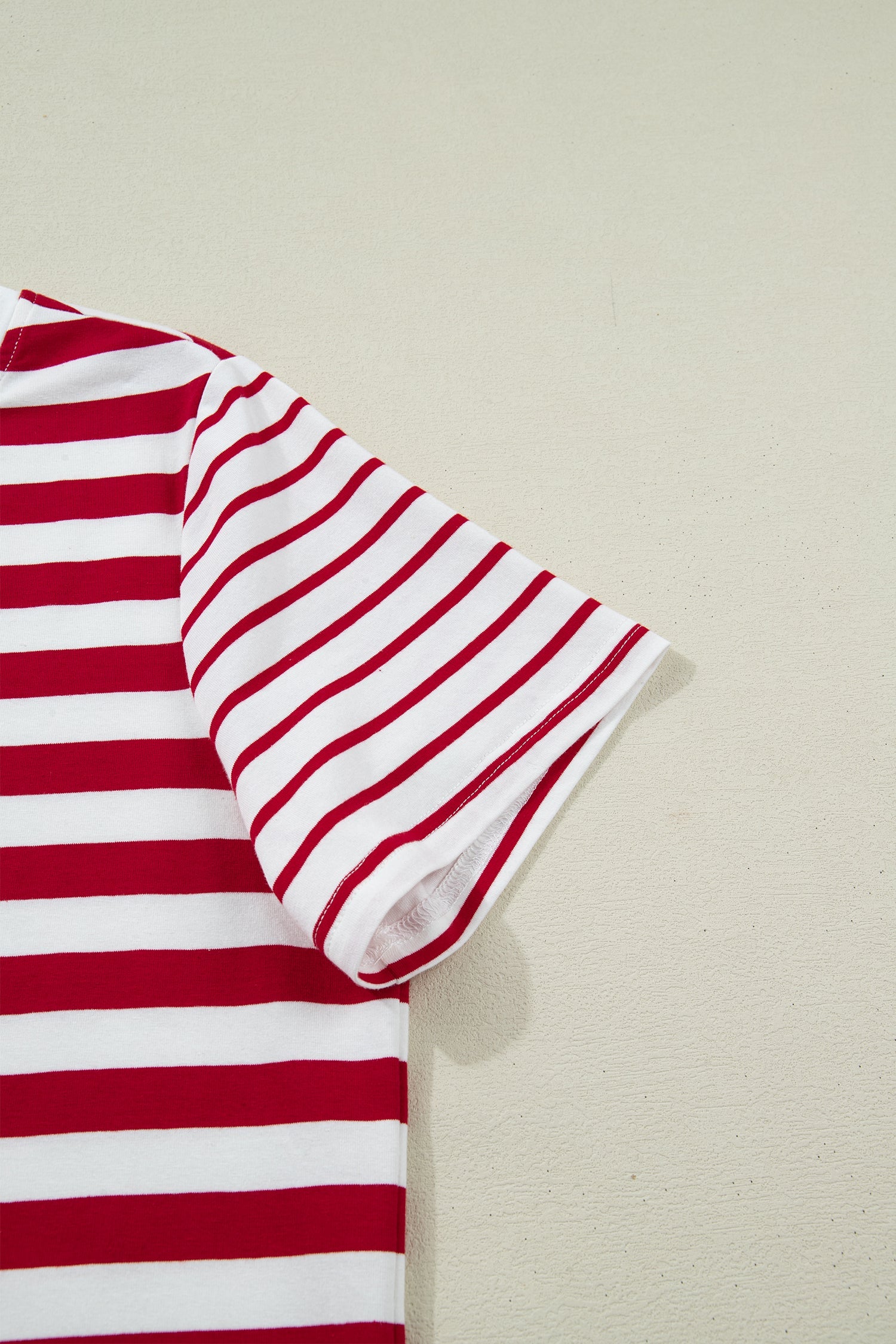 Stripe Patchwork Round-Neck Short-Sleeved T Shirt in Red