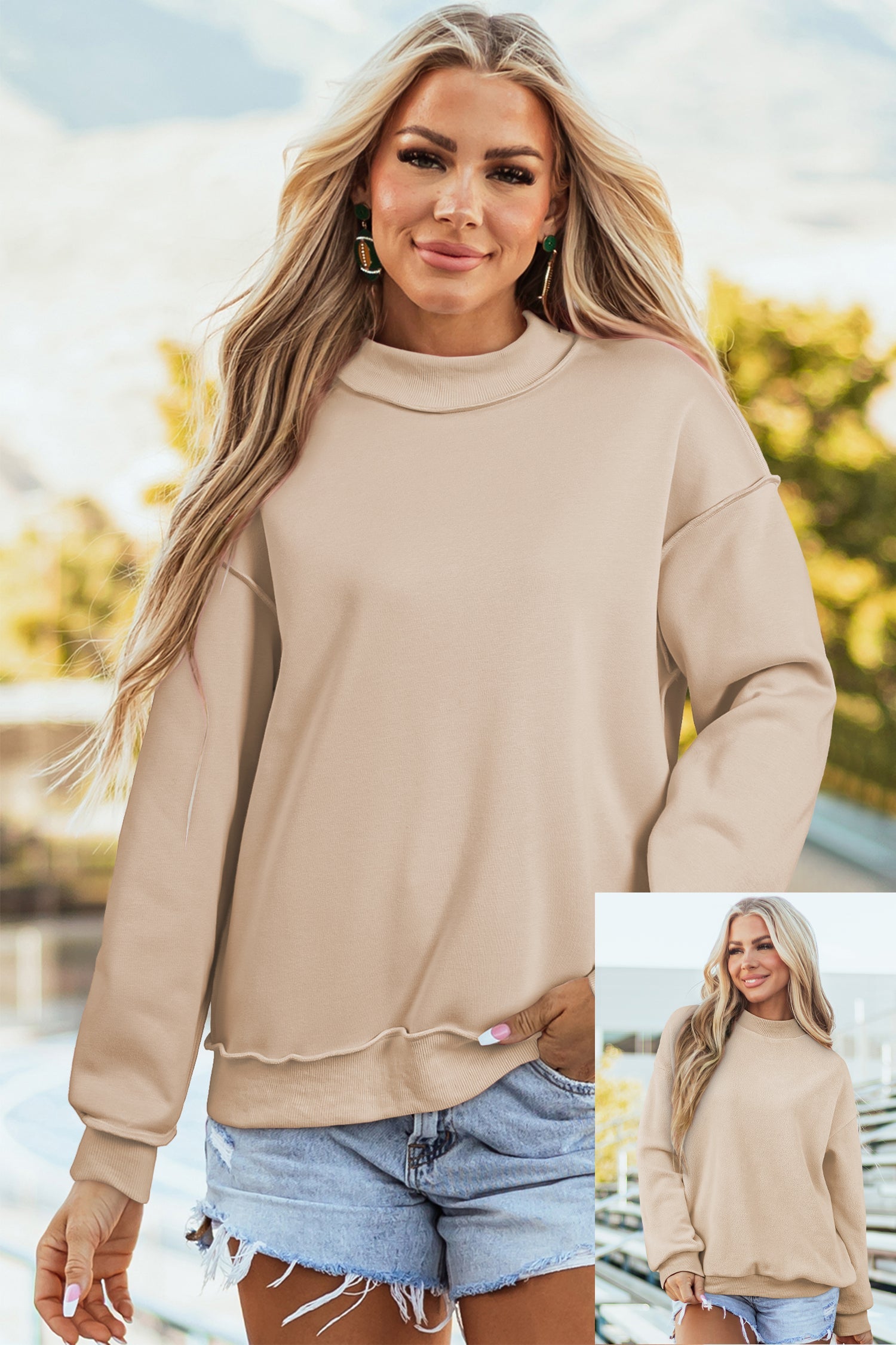 Apricot Oversize Winter Oversize Reversible Mock-Neck Sweatshirt