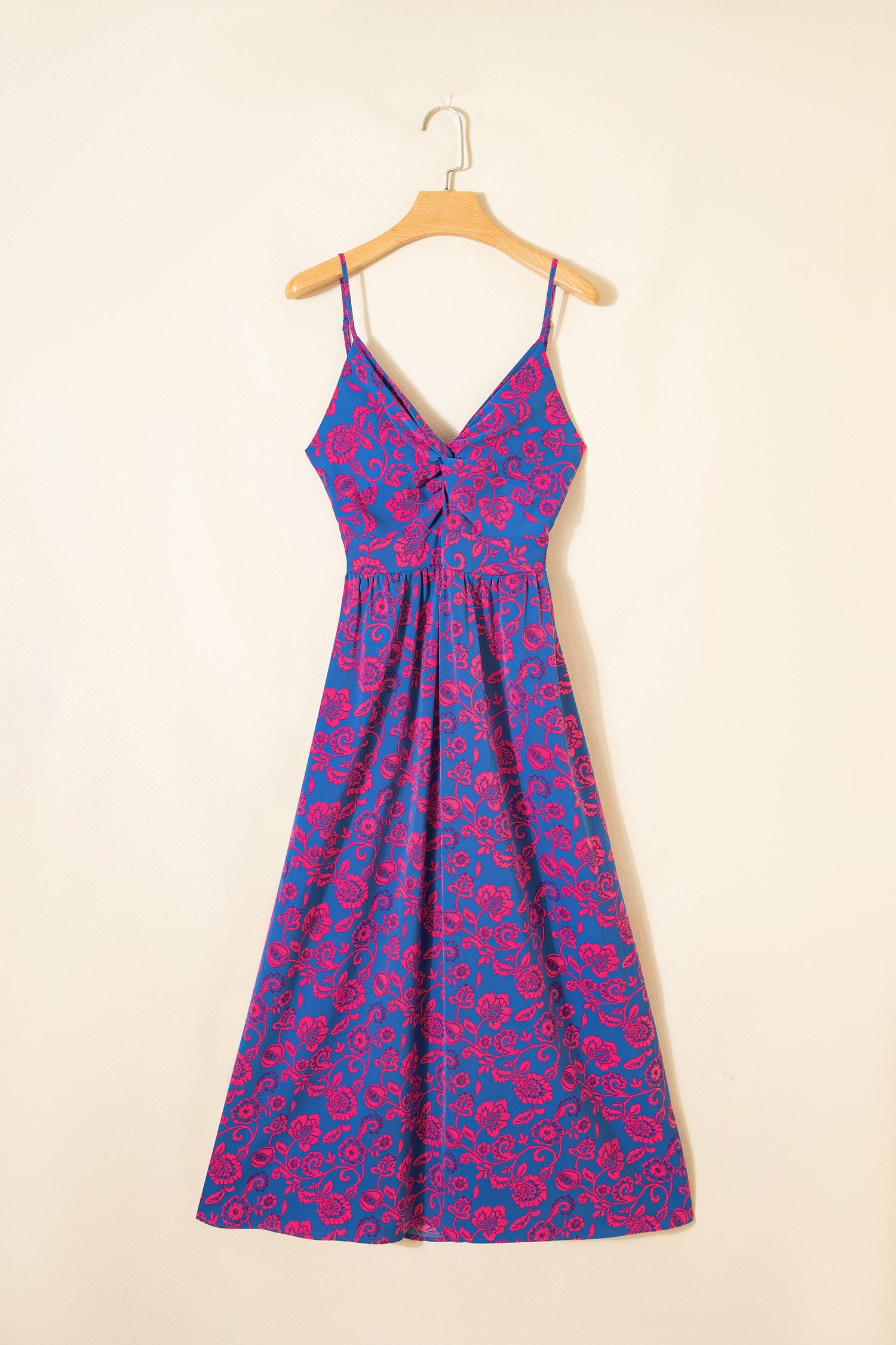 Twisted V-Neck Floral-Print V-Neck Tied Backless Maxi Dress in Blue