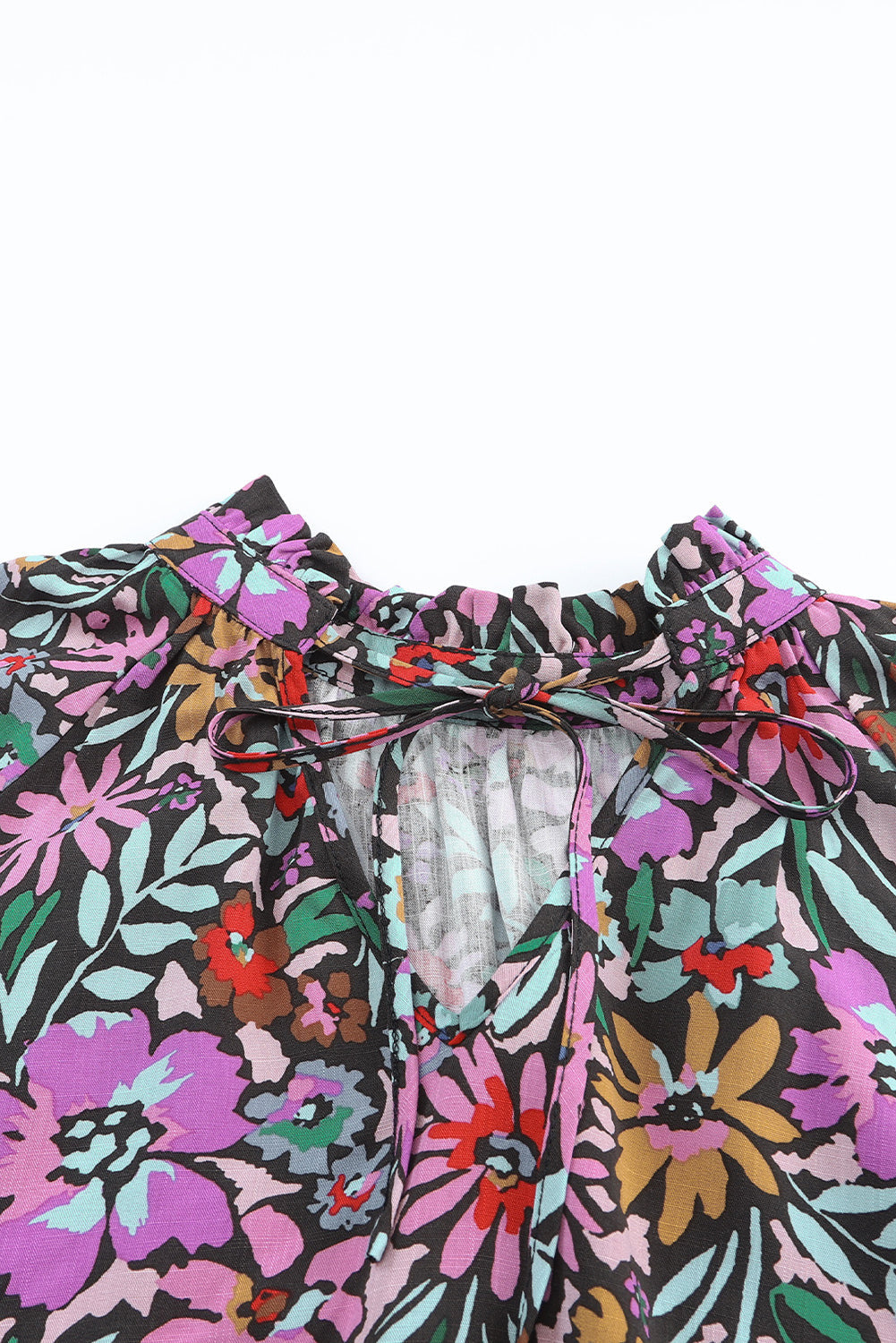 Blouse for Women Floral-Print Print Ruffle-Trimmed Long-Sleeve V Neck