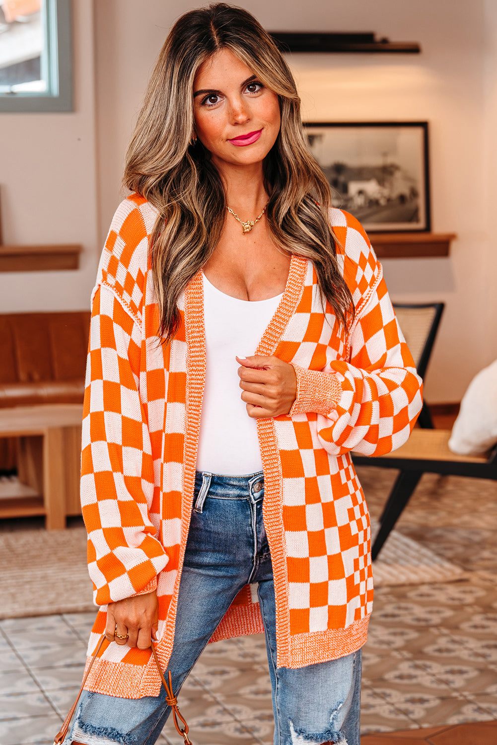 Open-Front Drop-Shoulder Checkered Drop-Shoulder Cardigan in Orange