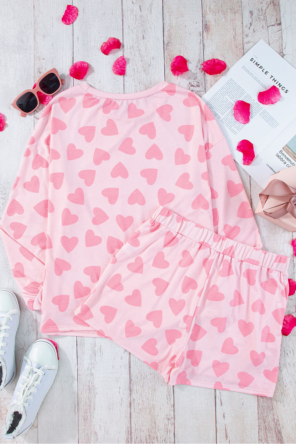 Valentine Heart Shape Print Long-Sleeved Top Shorts Lounge Set