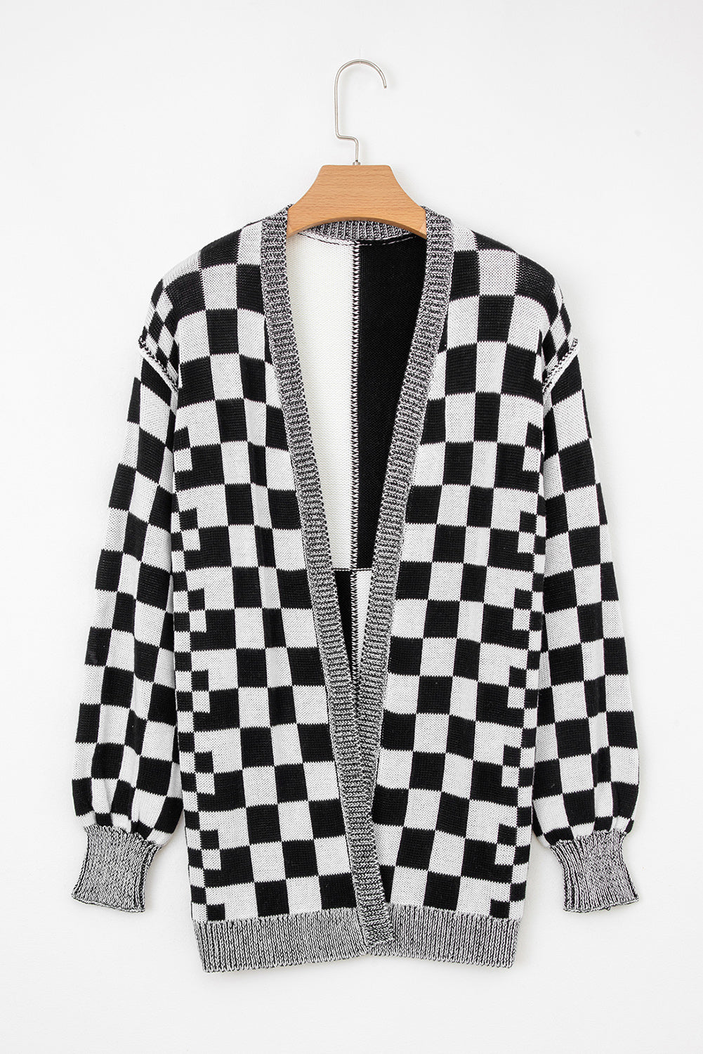 Checkered Open-Front Drop-Shoulder Cardigan in Black