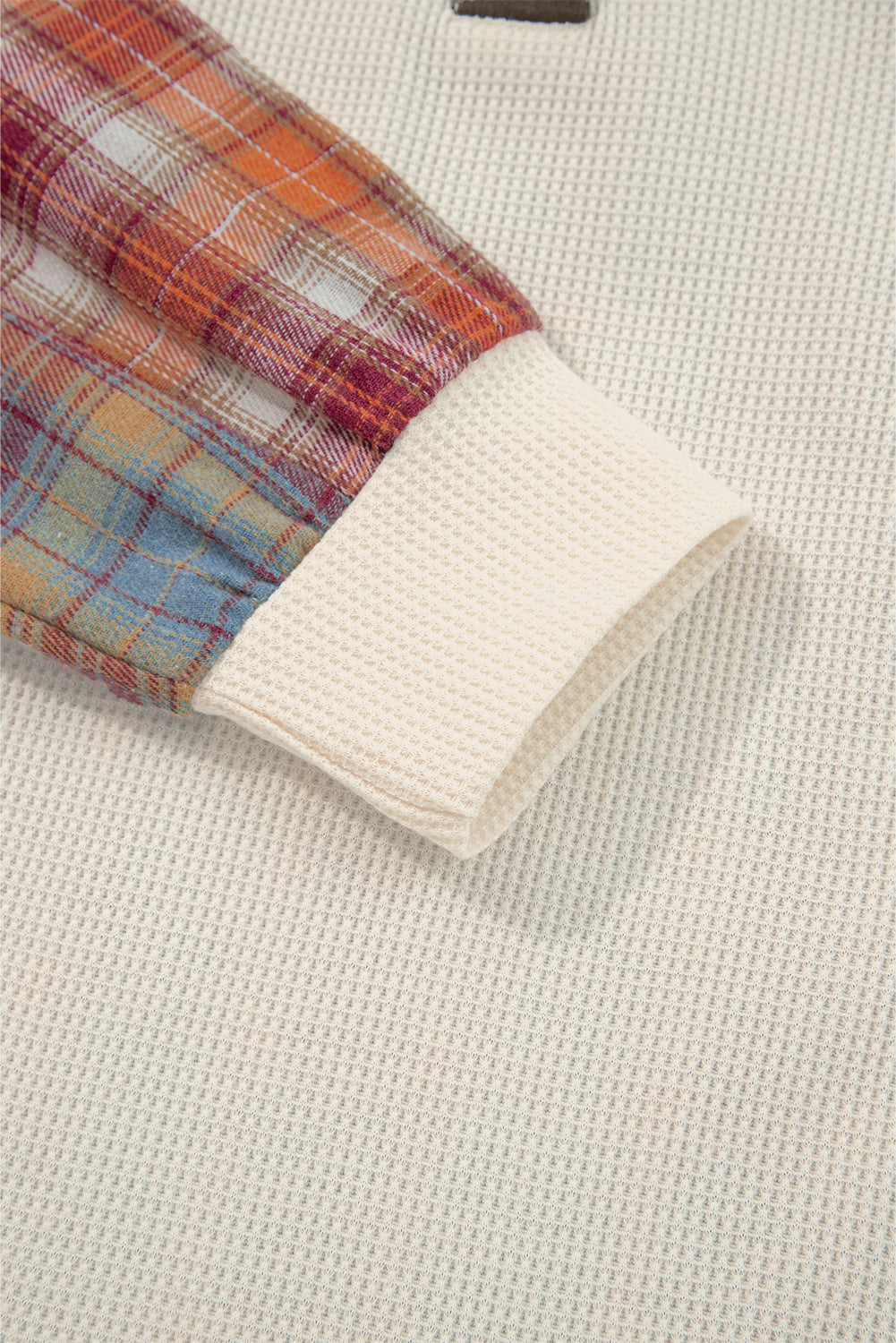 Stripe Plaid Waffle Plaid Patchwork Henley Knit Top