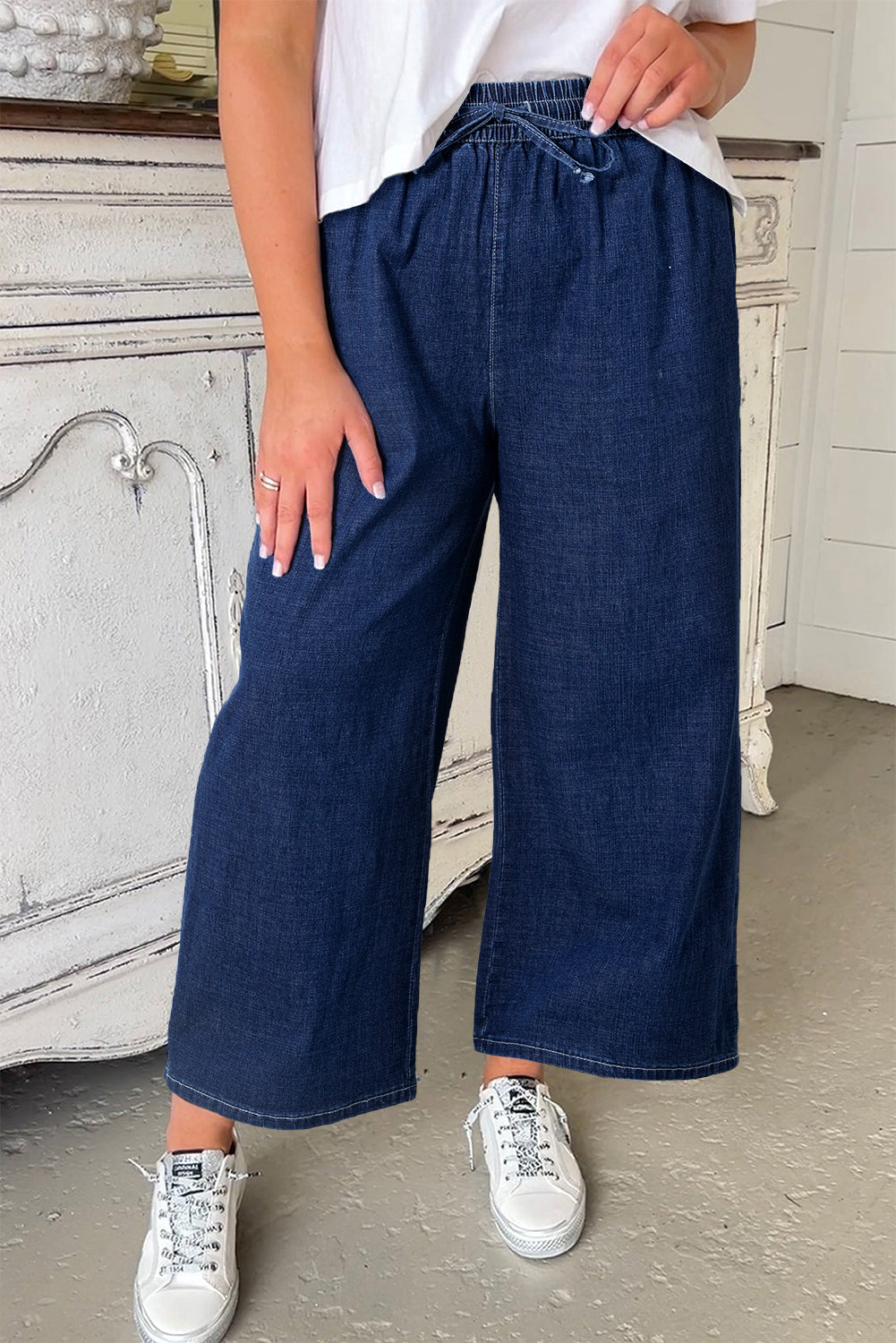 Plus High-Waisted Size Drawcord Wide-Leg Everyday Jeans in Real Teal