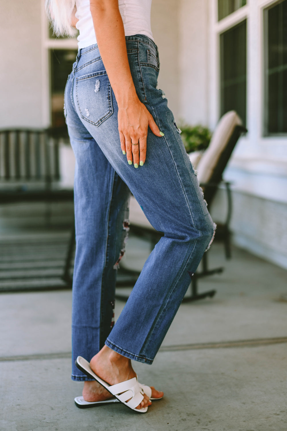 Jean effet vieilli bleu ciel avec patch drapeau américain