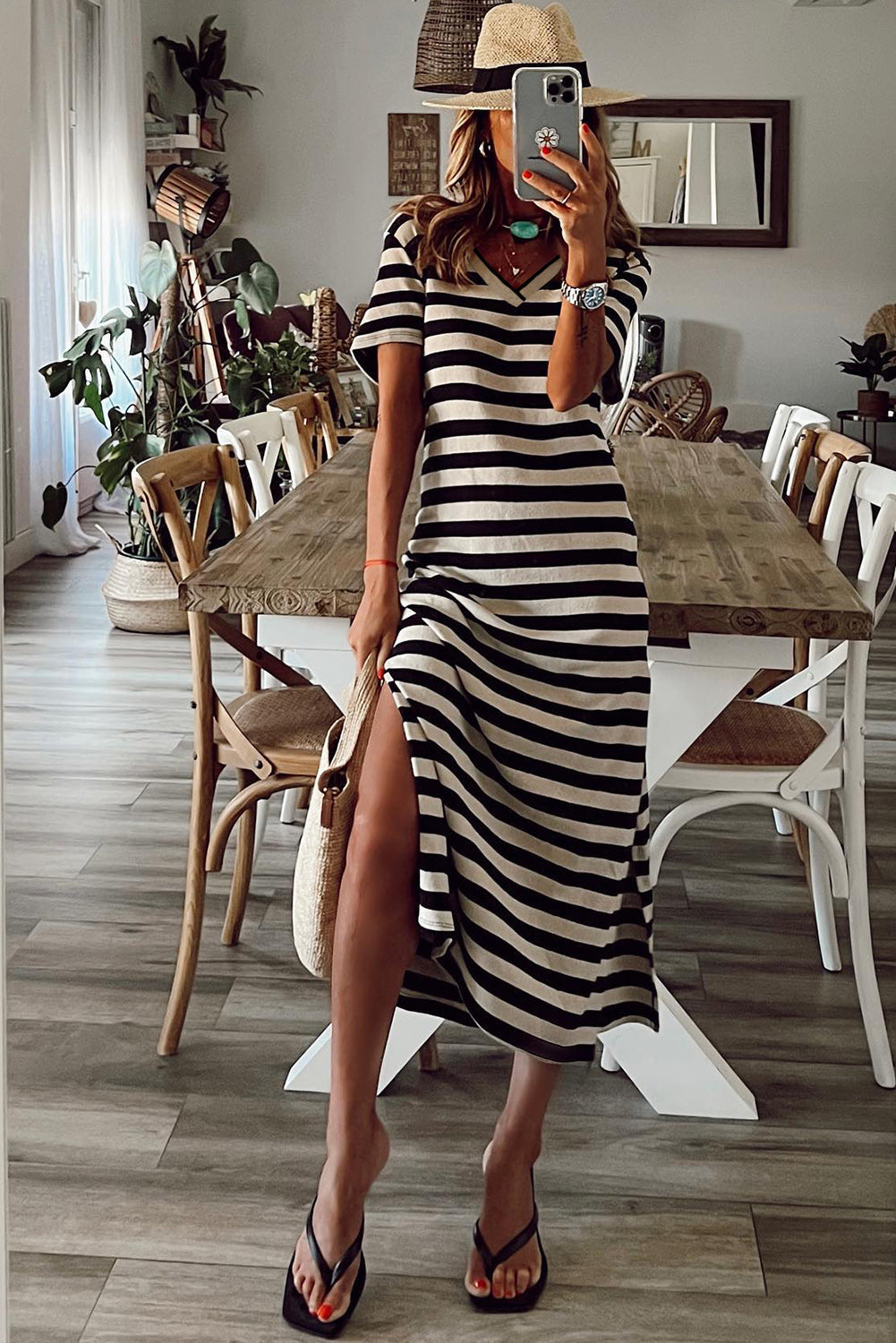 V-Neck Stripe Print Maxi Dress with Side Splits in Black
