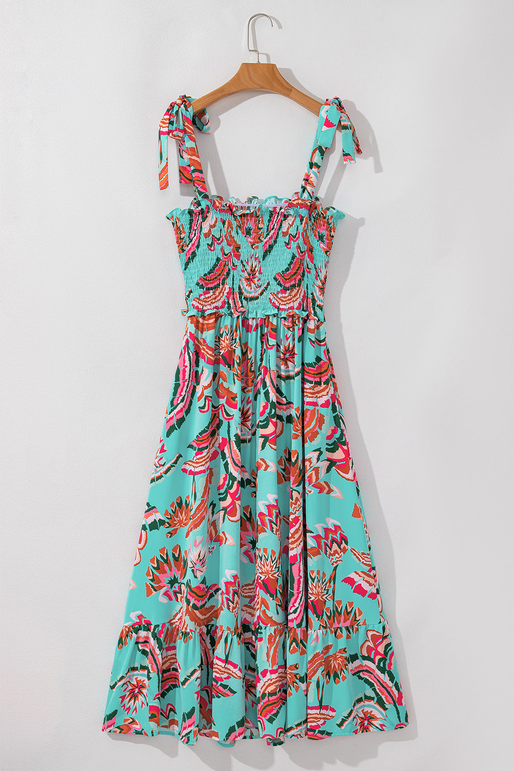 Abstract Print Smocked Bodice Knotted Straps Ruffled Maxi Dress