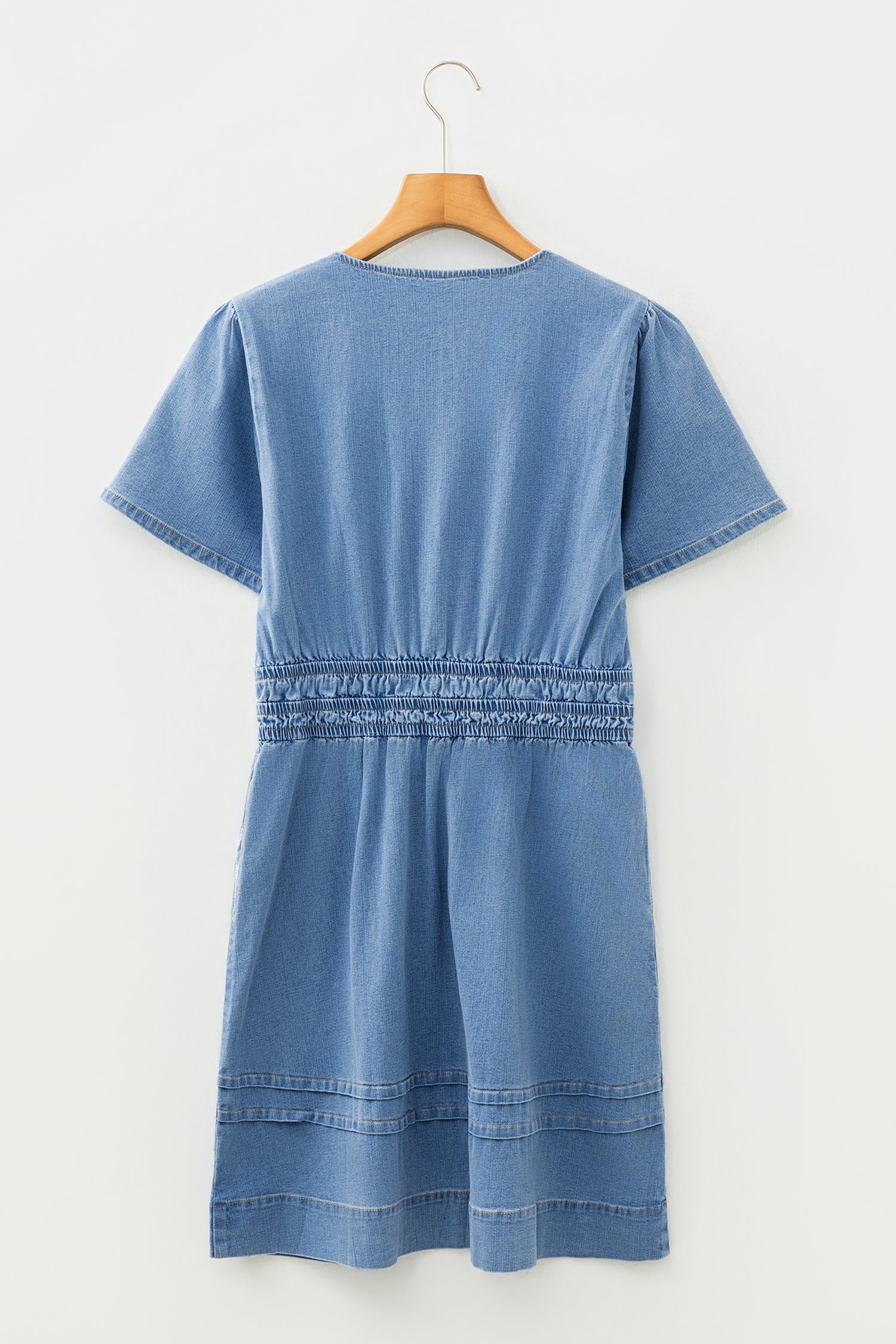 Waist Short-Sleeved Elastic Short-Sleeved Denim Mini Dress in Blue
