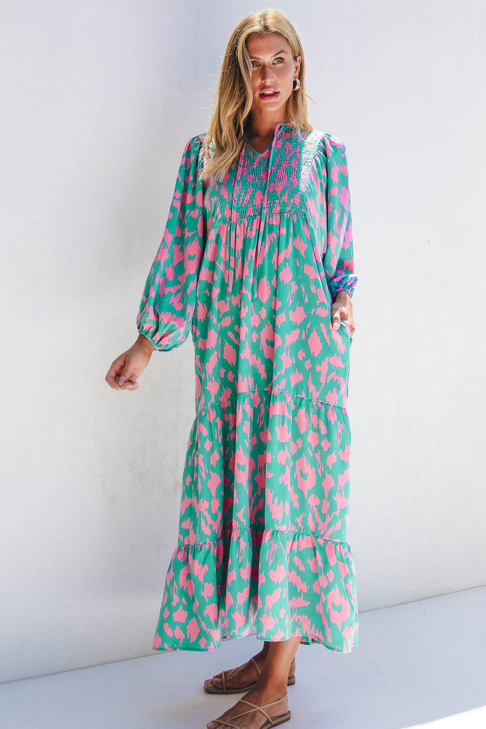 Women's Dress Featuring Tie-Front Notched Neck Long