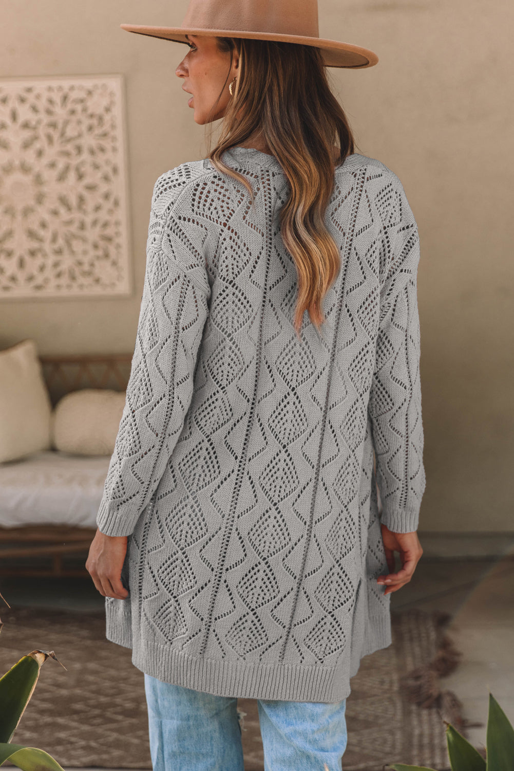 Hollow-out Knit Openwork Cotton Cardigan in Gray