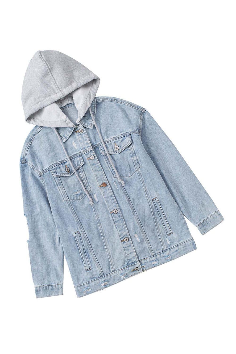 Women's Ripped Hooded Button Closure Denim Jacket