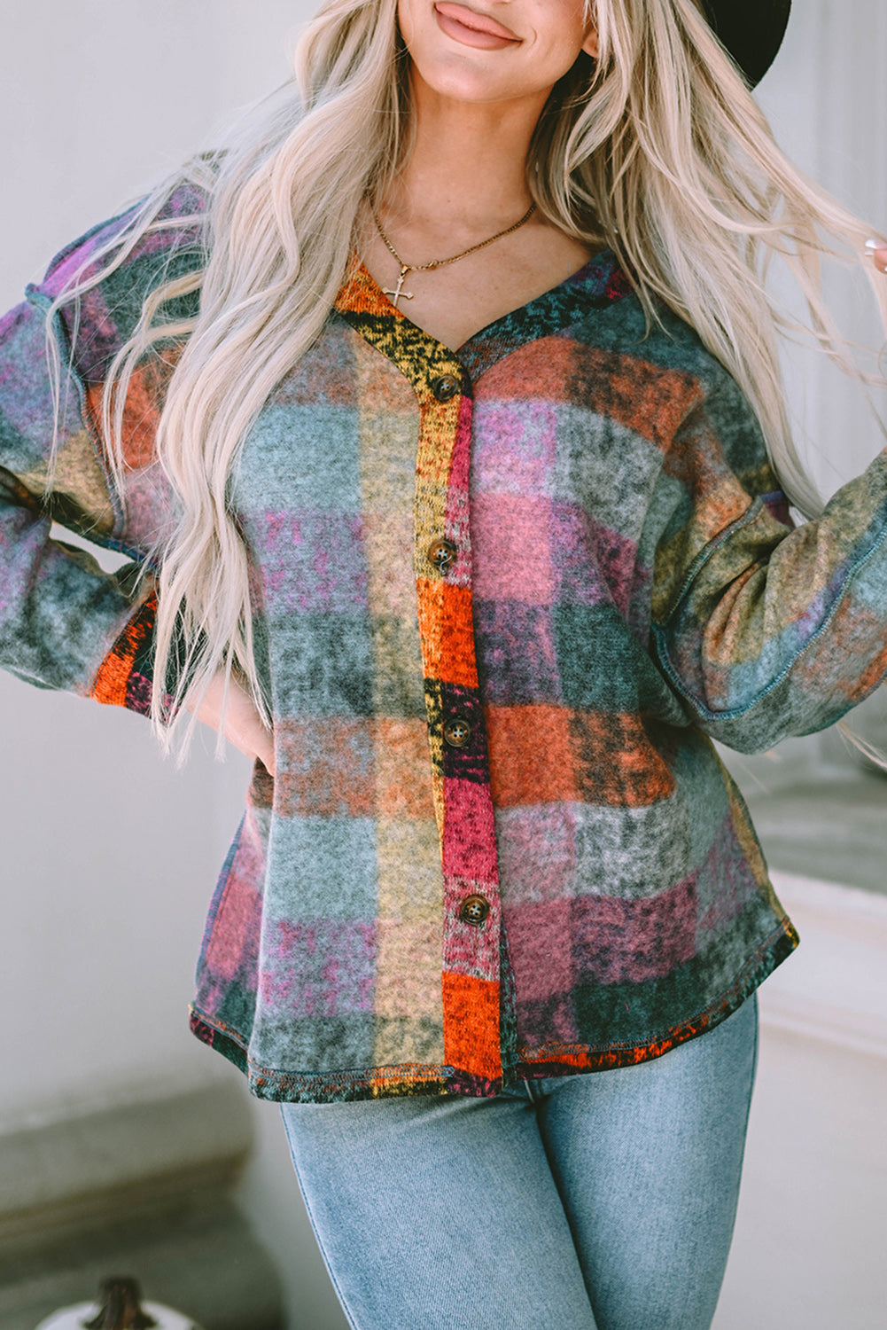 Jacket for Women Button-Front Block Brushed Checked Western