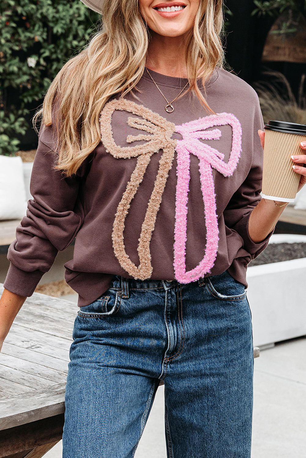 Terry Bow Contrast Bow Pattern Drop-Shoulder Sweatshirt