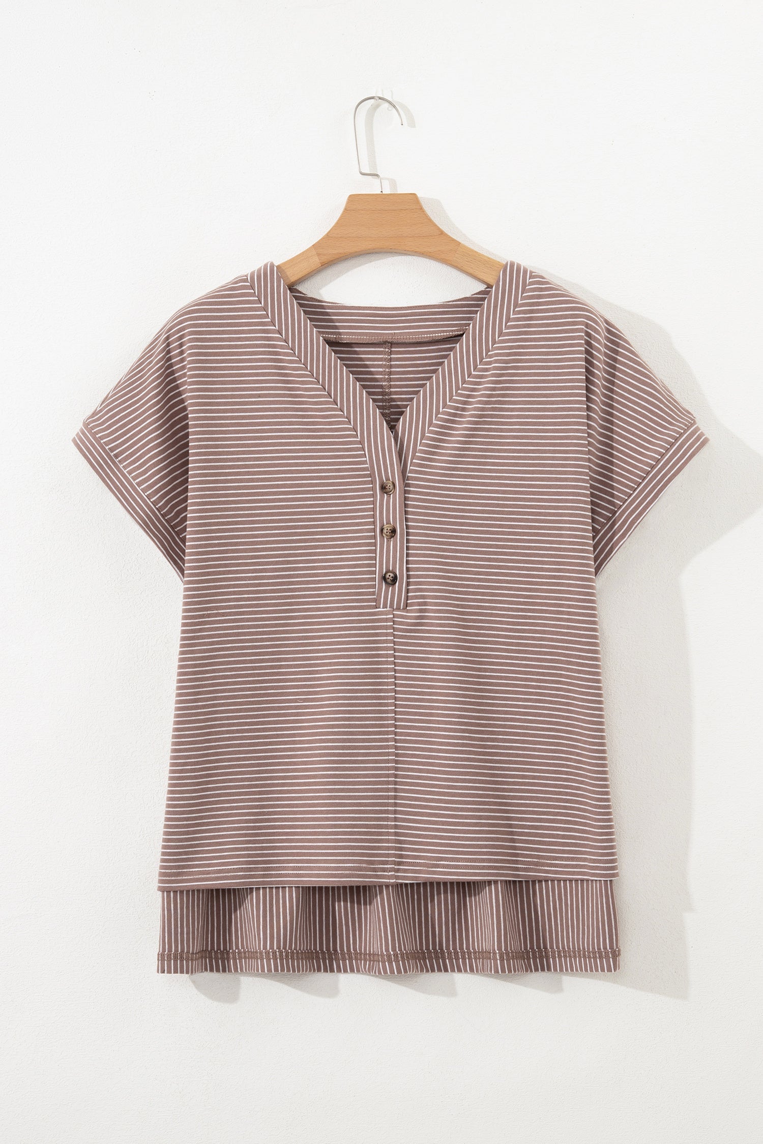Stripe Button-Front V-Neck High Low Side Slit T Shirt in Khaki