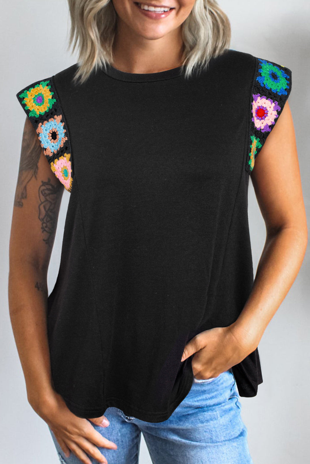 Floral Crochet Patched Sleeve Crew Neck Casual Tank Top