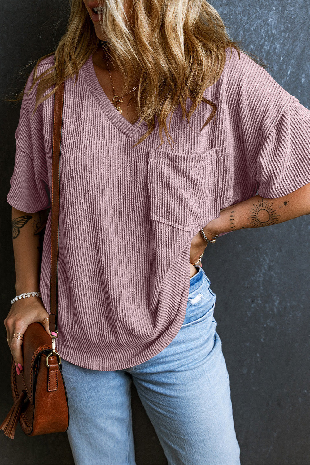 V-Neck Chest Corded Chest Pocket Loose T-shirt