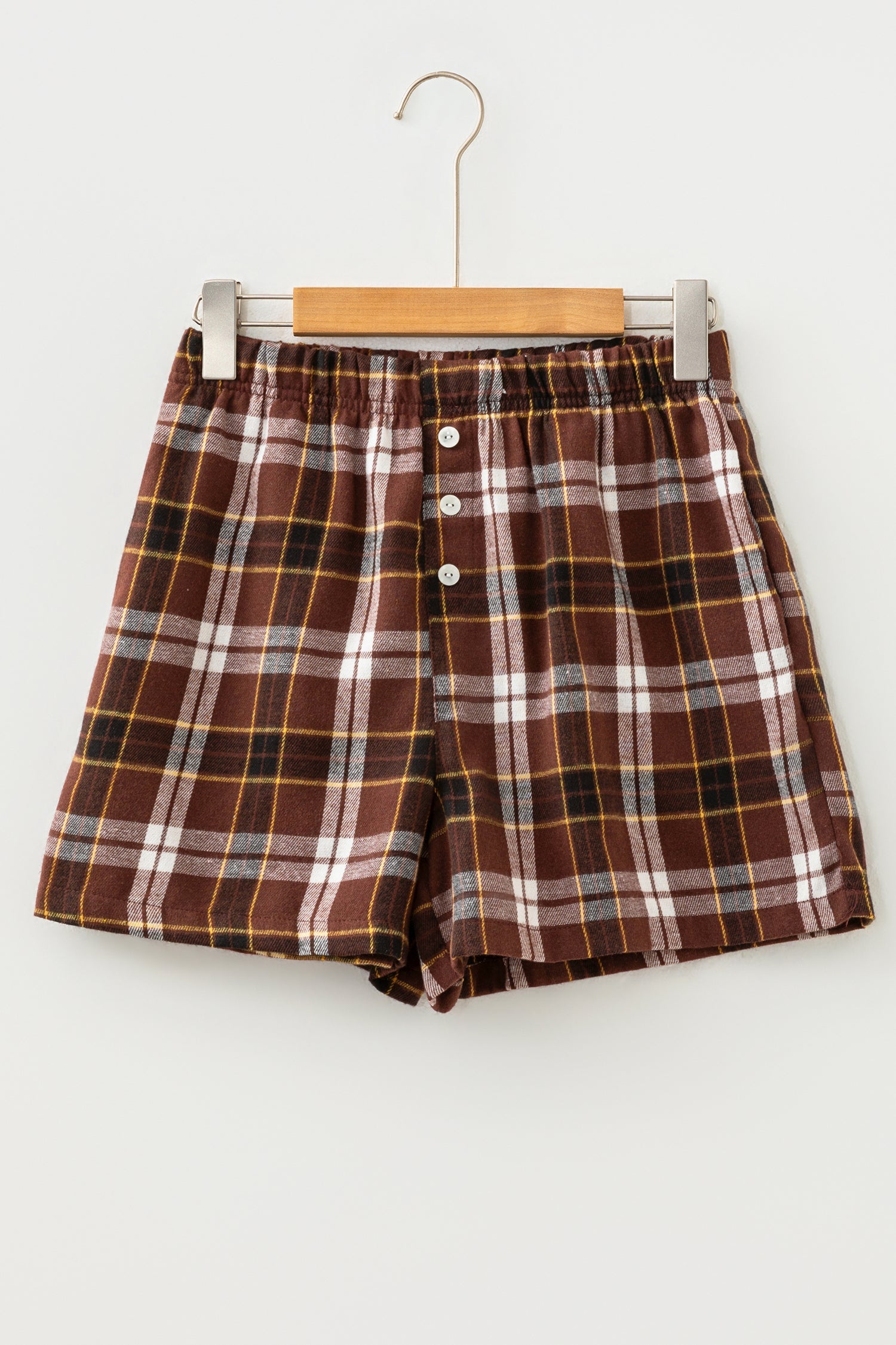 Button Front Plaid Front Elastic Waist Shorts in Brown