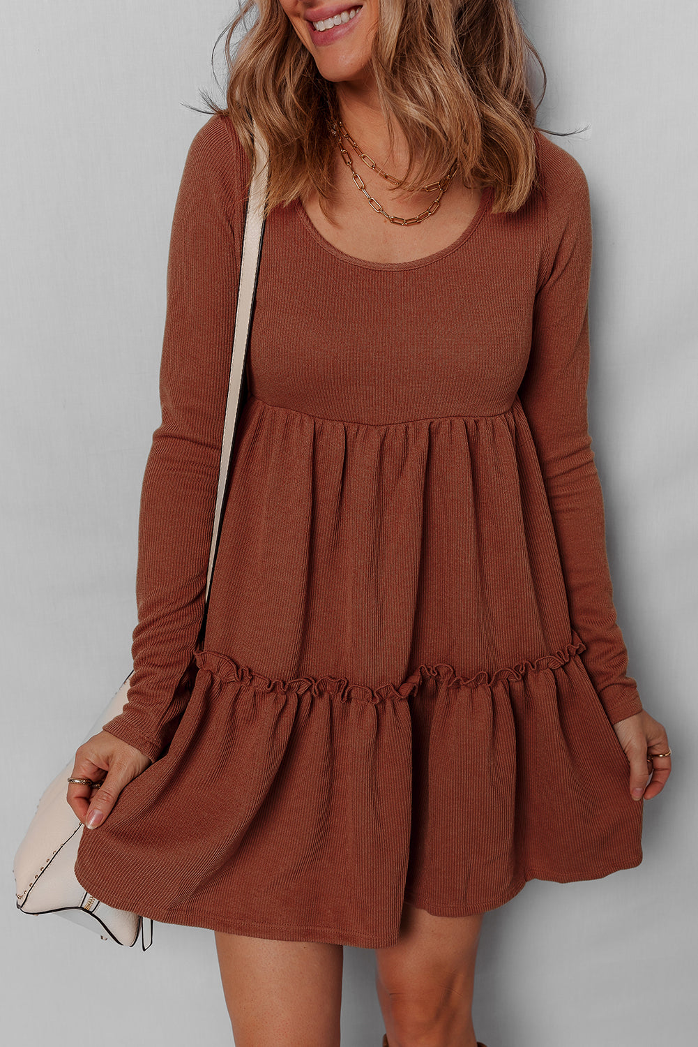 Trim Rib-Knit Frilled High-Waisted Long-Sleeved Mini Dress