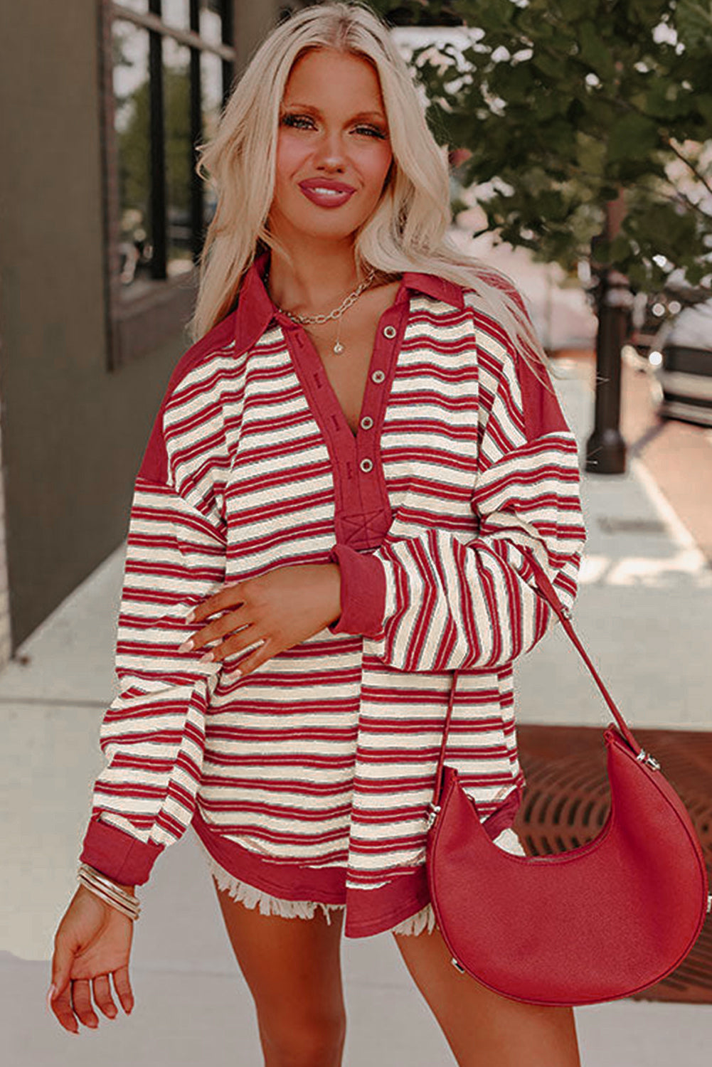 Button-Front V-Neck Collared Drop-Shoulder Top