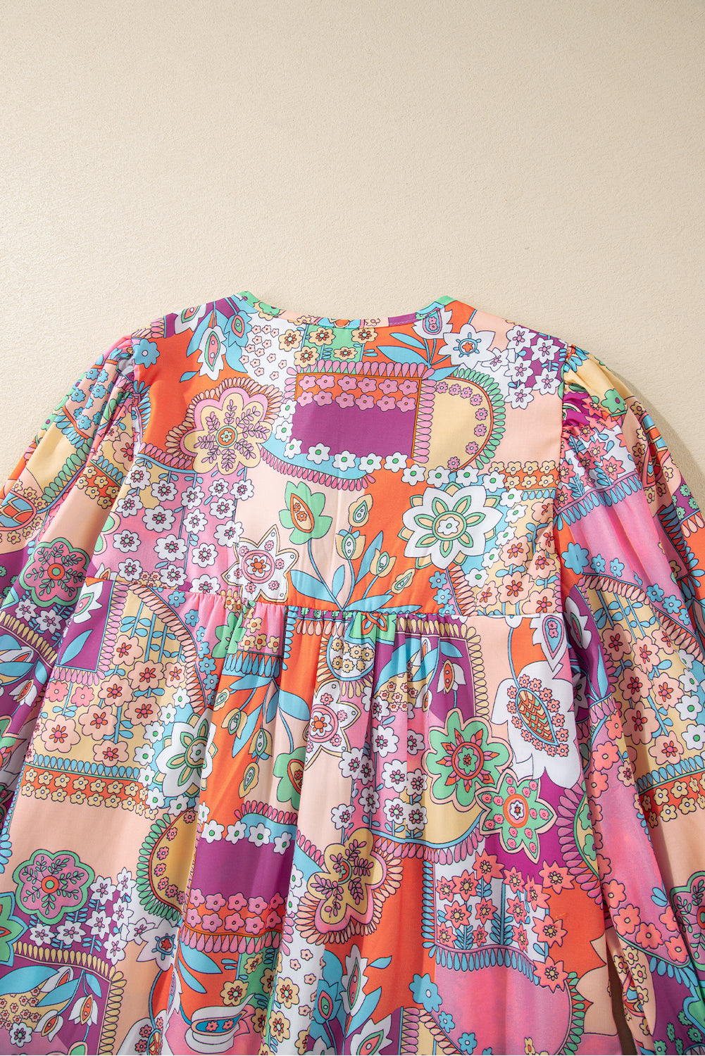 Floral Bubble Boho Bubble Sleeve Tassel Tied Neck Pleated Blouse