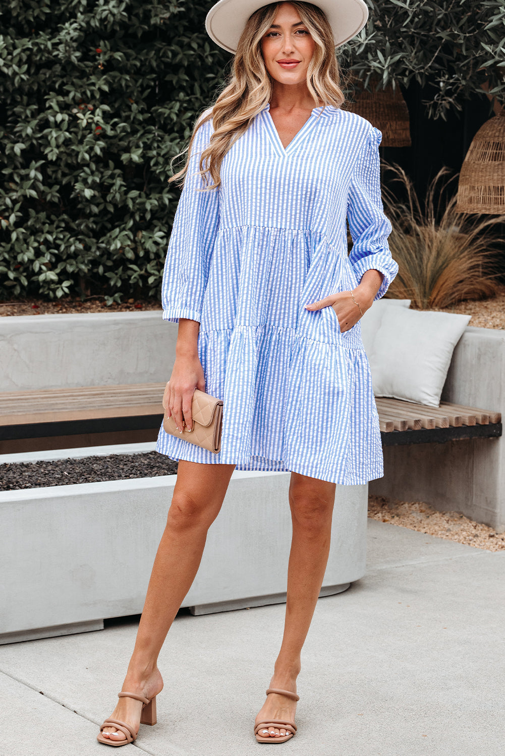 Tiered Bracelet Sleeve Shift Dress Featuring Pockets