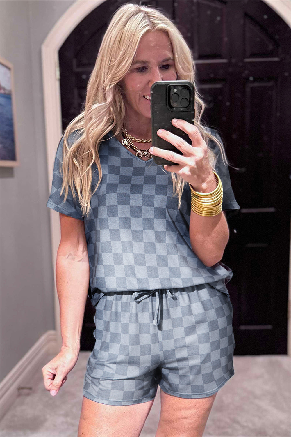 Checkered V-Neck Tee Drawcord Shorts Lounge Set in Gray