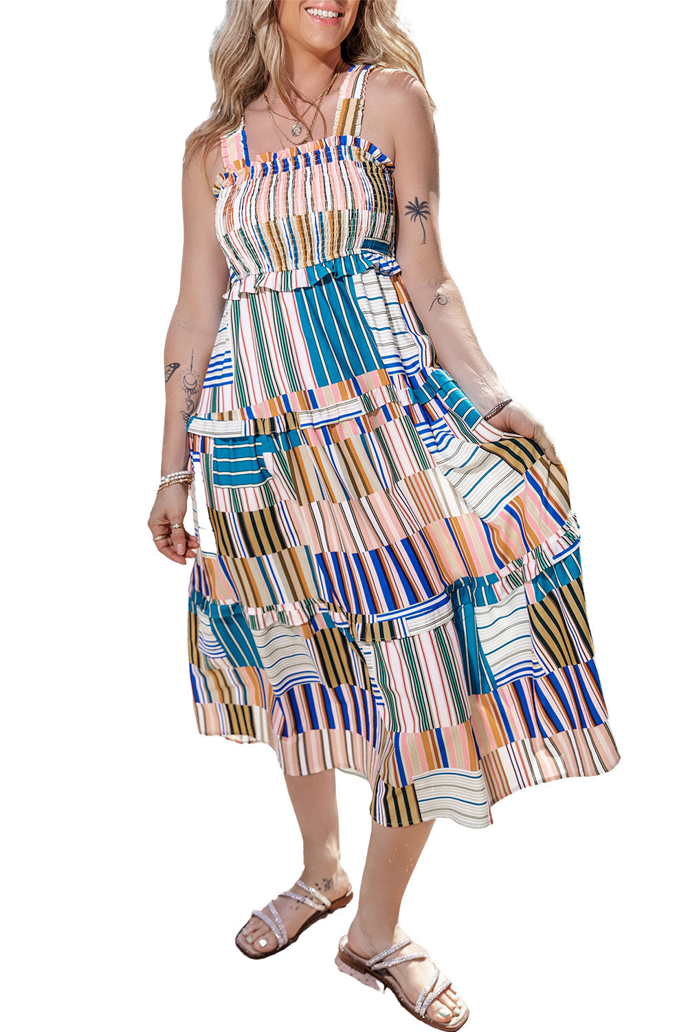 Maxi Dress for Women Wide Straps Shirred Layered