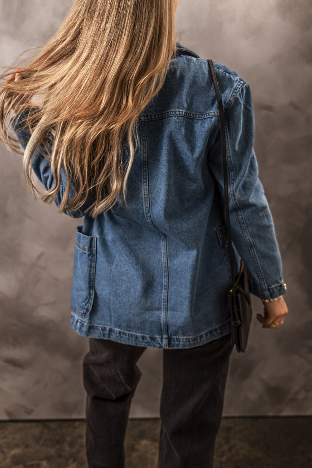 Denim Jacket with Side Pockets Lapel Collar
