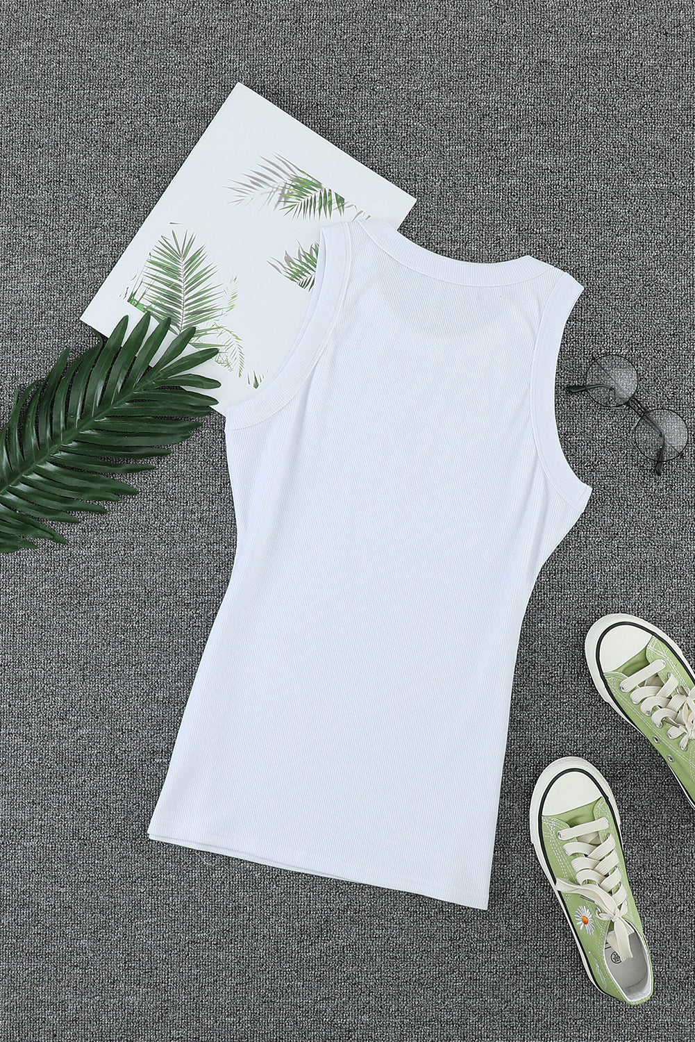 Solid  Round Neck Ribbed Tank Top