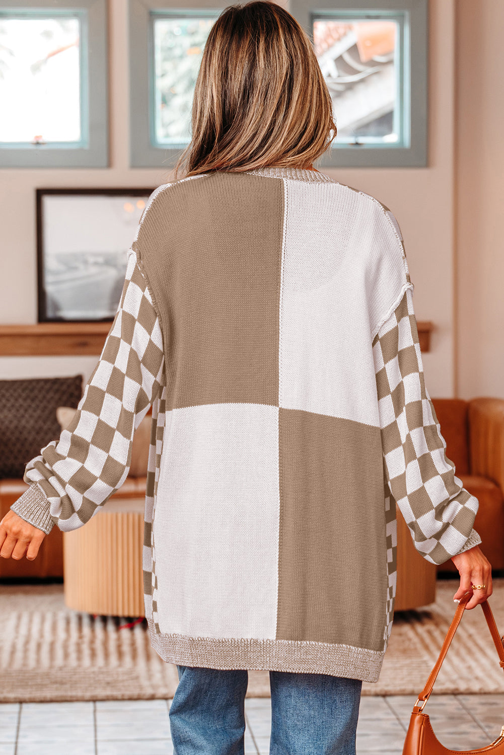 Open-Front Drop-Shoulder Checkered Drop-Shoulder Cardigan in Brown