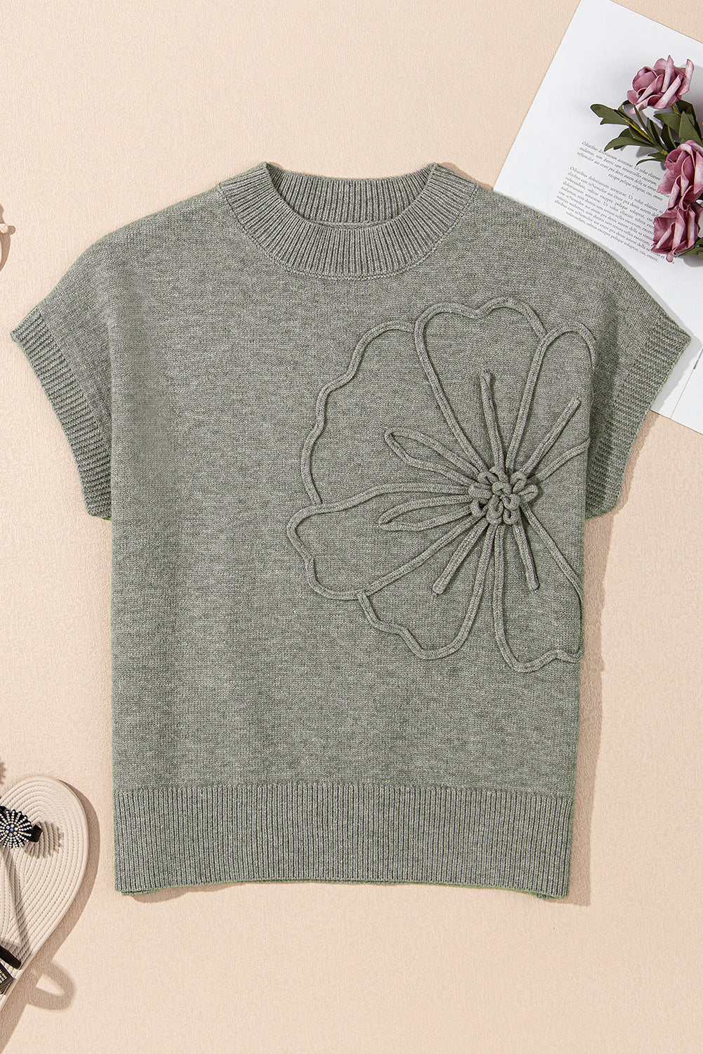 Pattern High Flower Rib-Knit Trim Short-Sleeved Boxy Knit Top