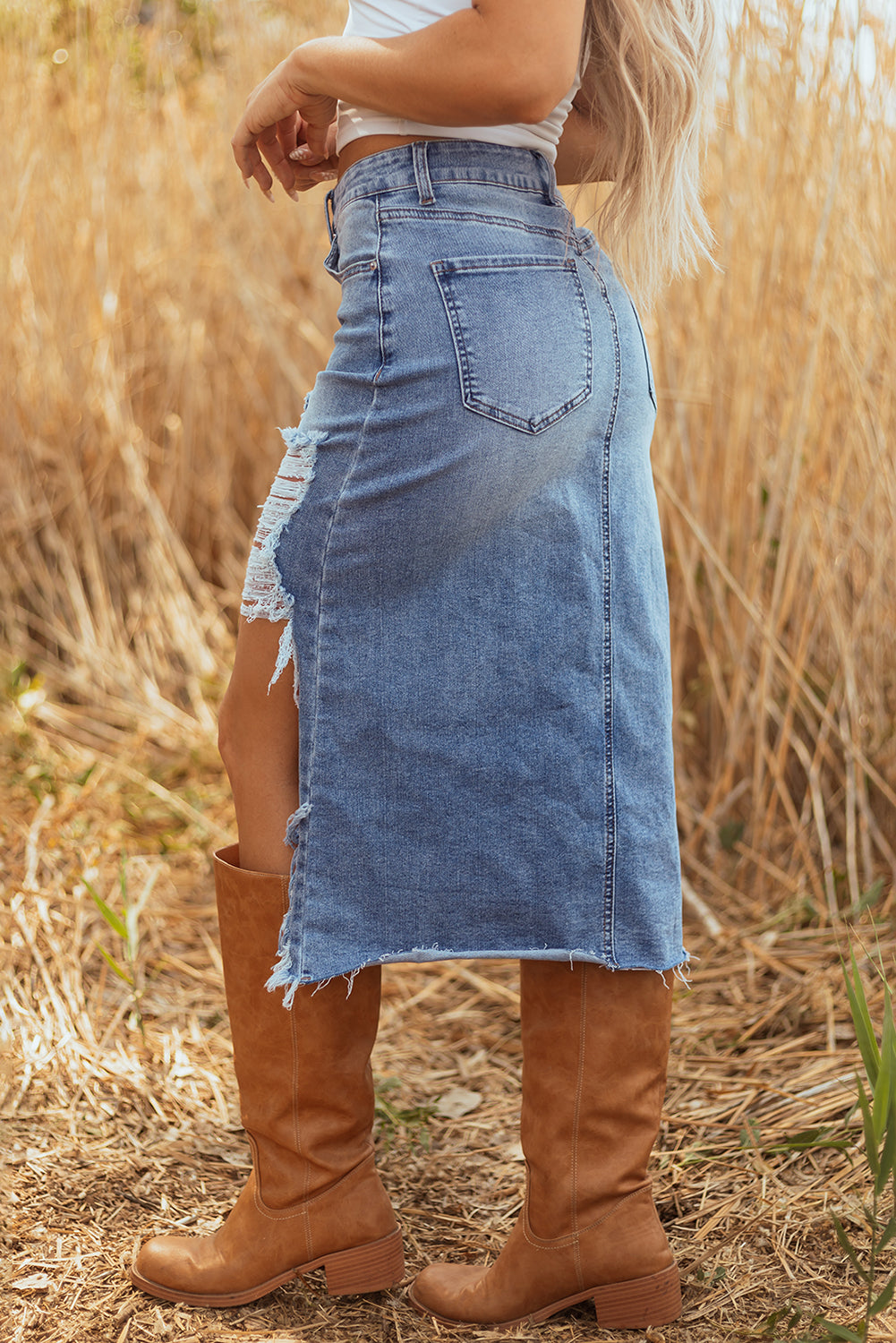 Myosotis Irregular Dearlove Irregular Distressed Bottom Denim Midi Skirt