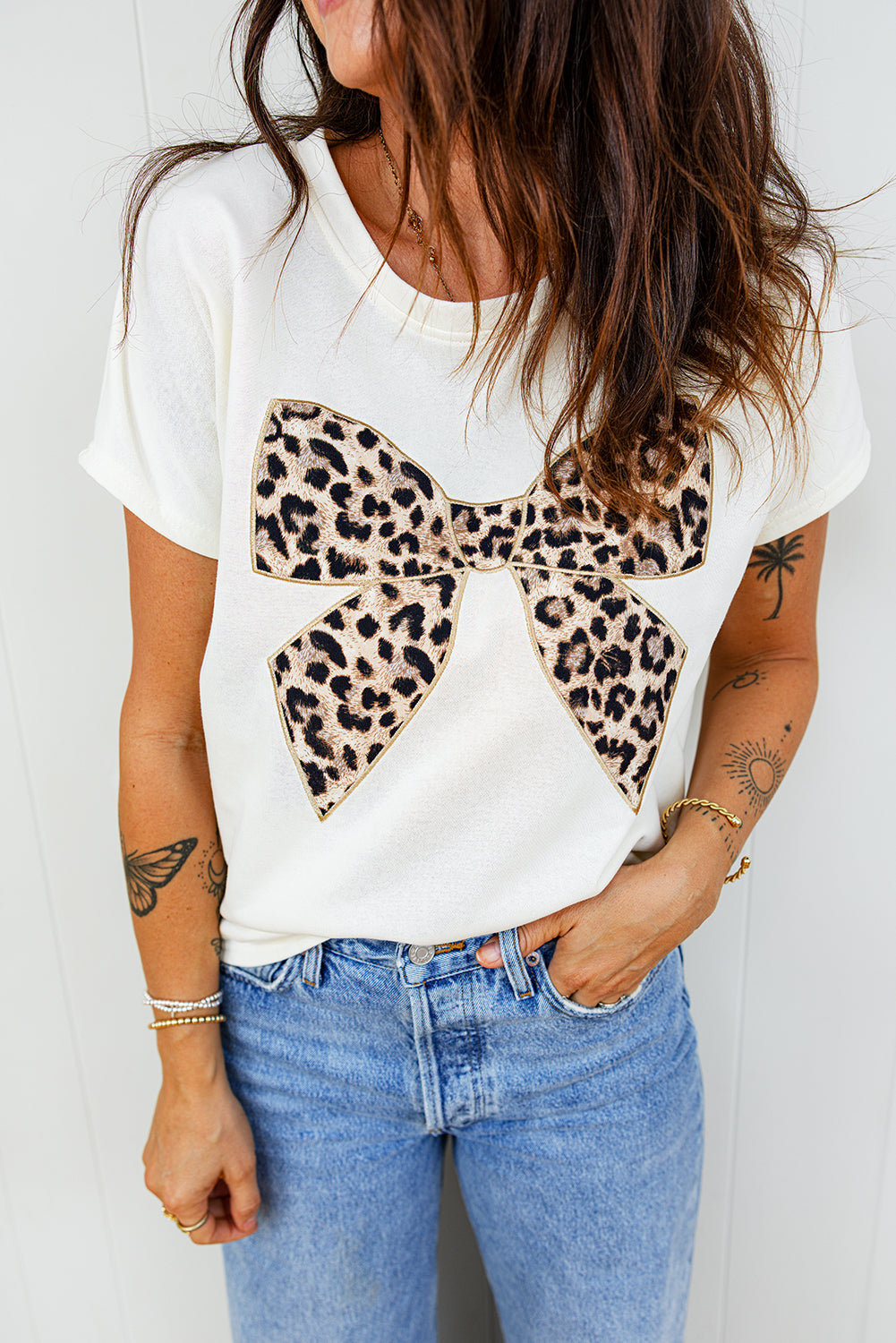 Embroidered Leopard Bow Cotton Round-Neck T Shirt