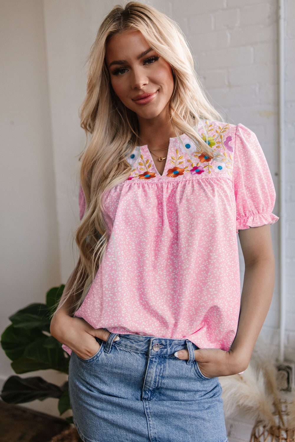 Puff Floral Embroidered Sleeve Notched V-Neck Blouse