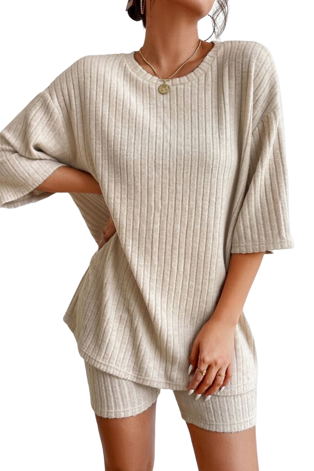Easy-Fit Plain Rib-Knit Fit 2-Piece Lounge Set in Apricot