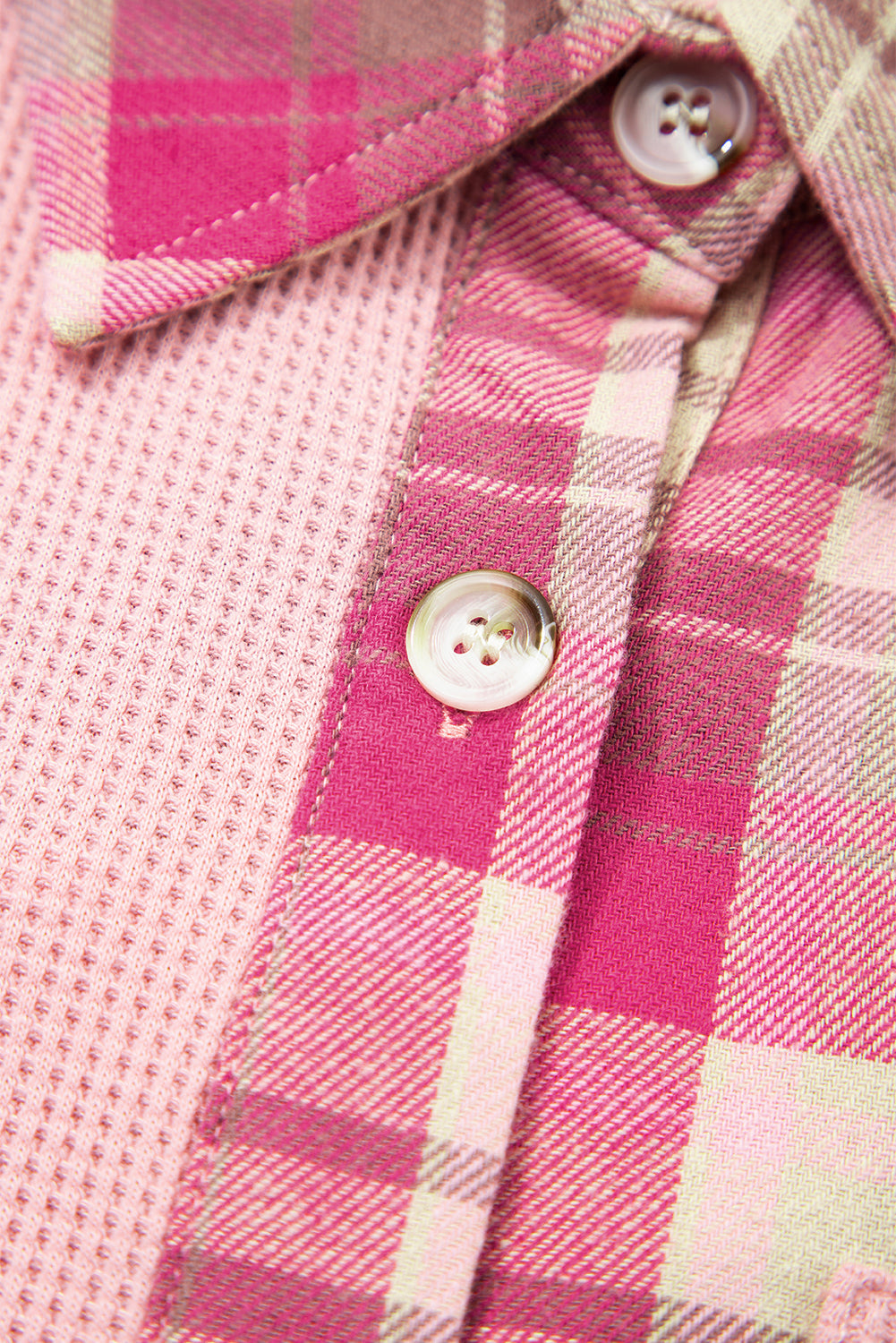 Patch Pocket Waffle Pocket Plaid Patchwork Plus Size Shirt in Pink
