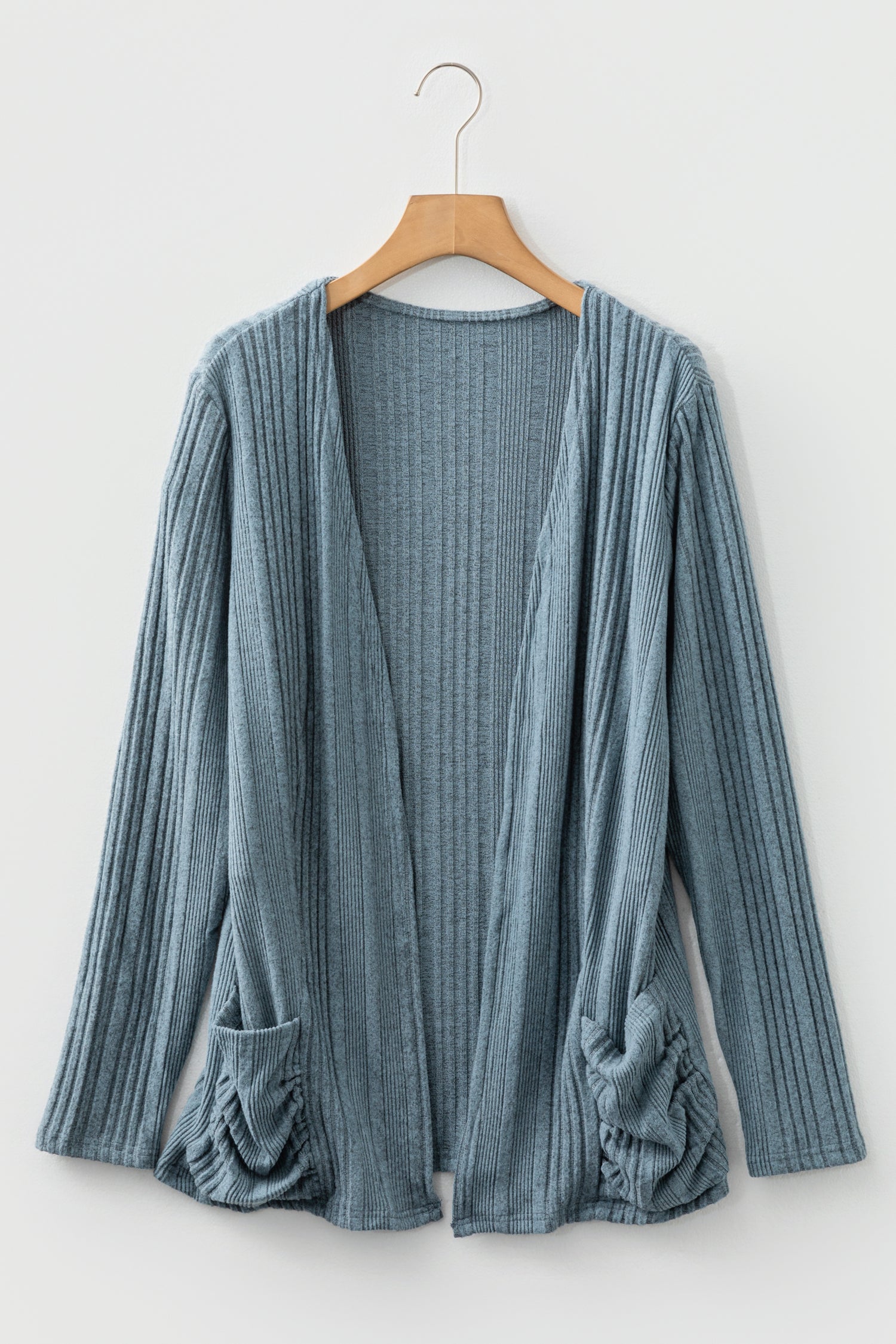 Rib-Knit Top Open-Front Knit Featuring Pockets in Stone Blue