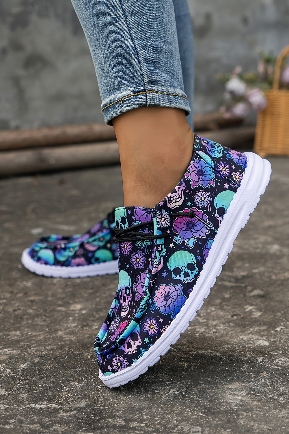 Skull Print Sugar Print Lace-up Detail Halloween Flat Shoes