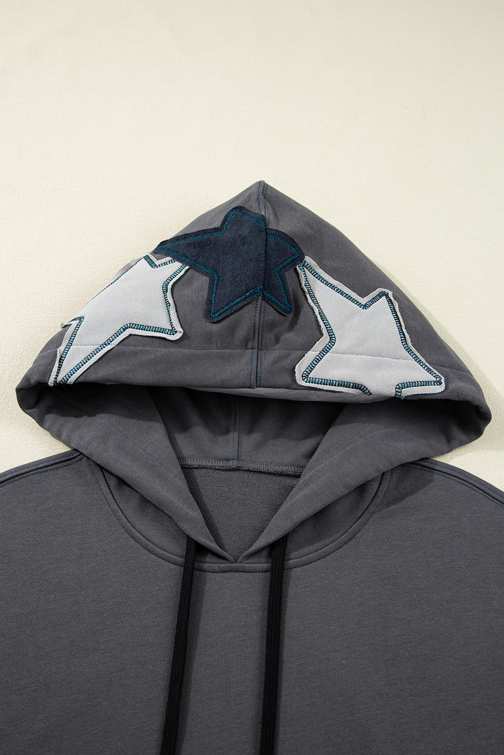 Star Stitching Patchwork Contrast Mineral Wash Kangaroo Pocket Retro Hoodie