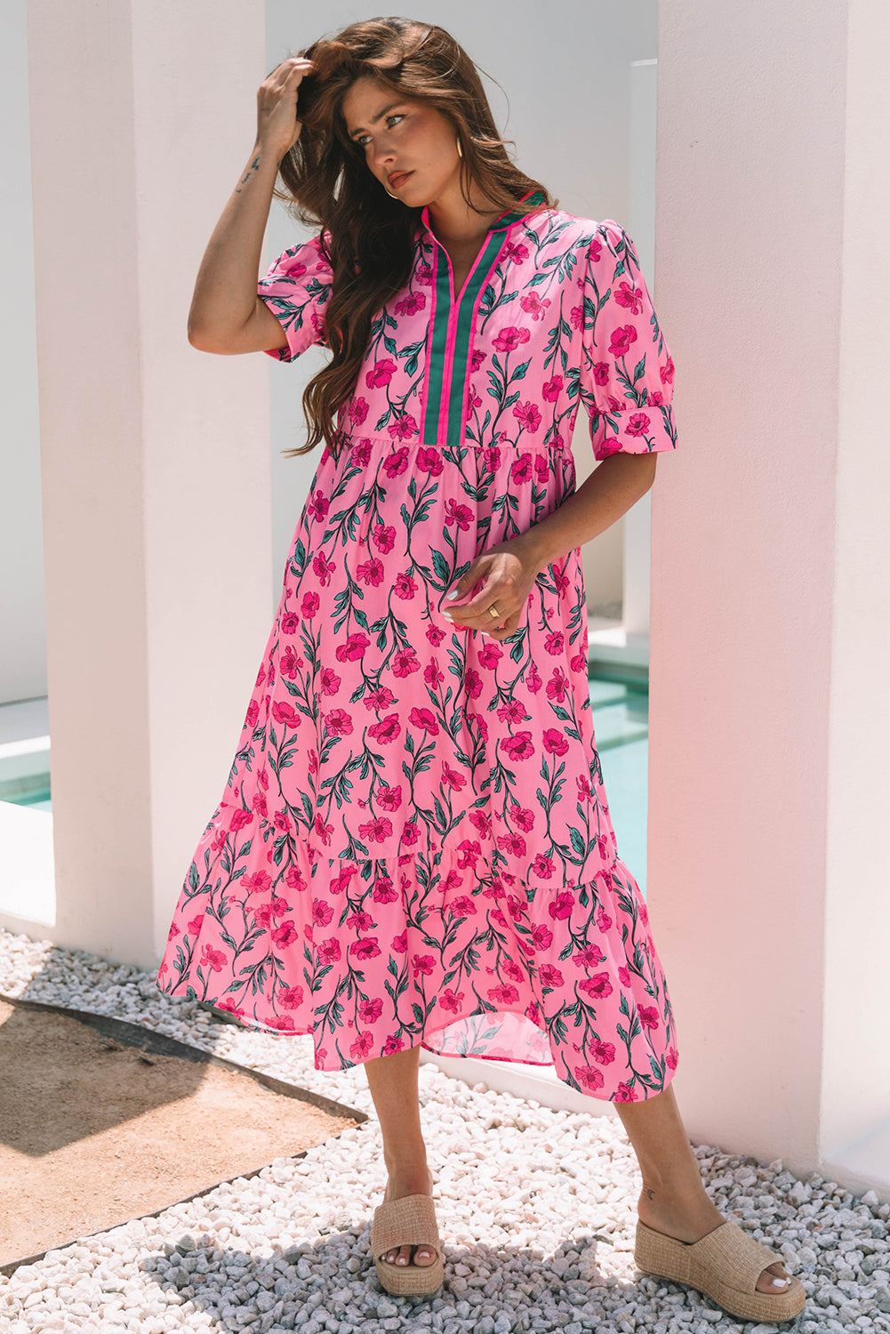 Neckline Floral Contrast A-line Puff Sleeve Long Dress