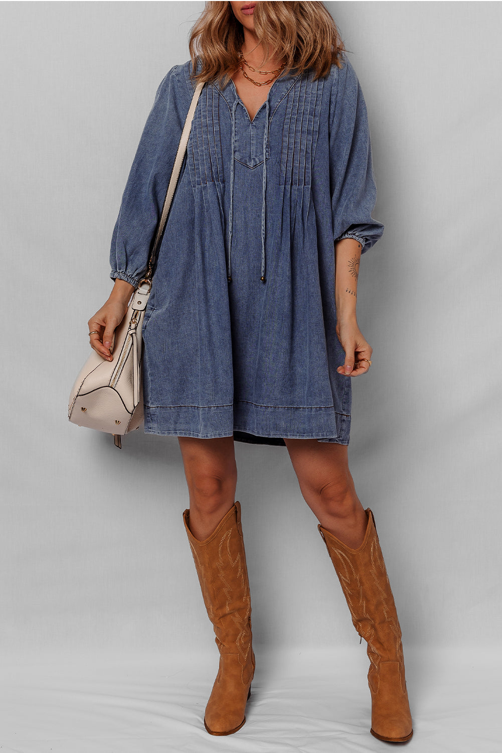 3/4 V-Neck Sleeve Tied Pleated Denim Mini Dress